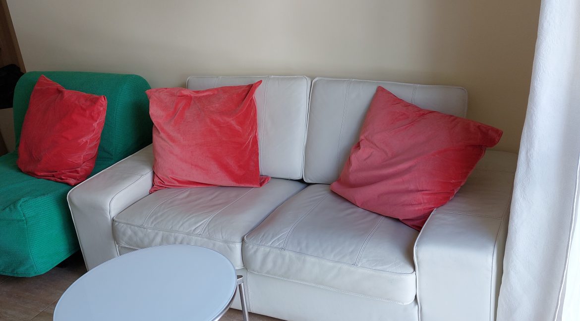 Wohnzimmer mit Ledersofa sowie Schlafsessel
